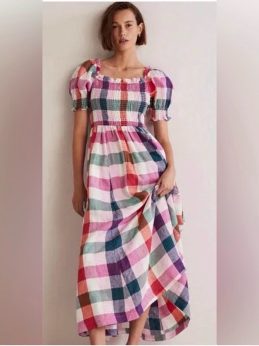 Boden Pink Multicolor Gingham Smocked Maxi Dress with Puff Sleeves